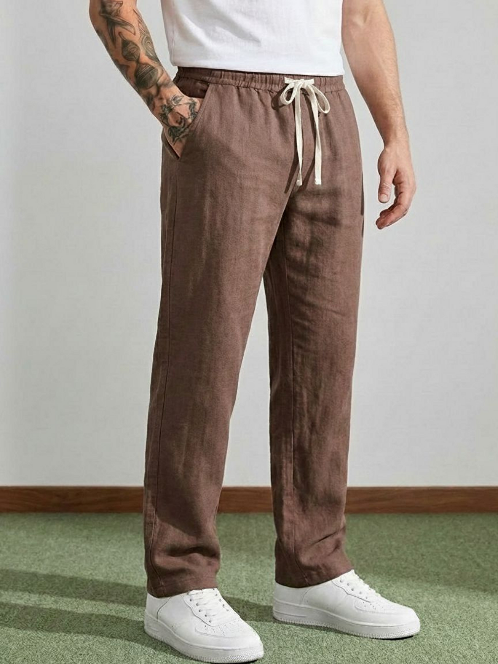 Erkek Baggy Kalıp Beli Lastikli %100 Pamuk Keten Görünümlü Pantolon Kahverengi 1007dngr-1