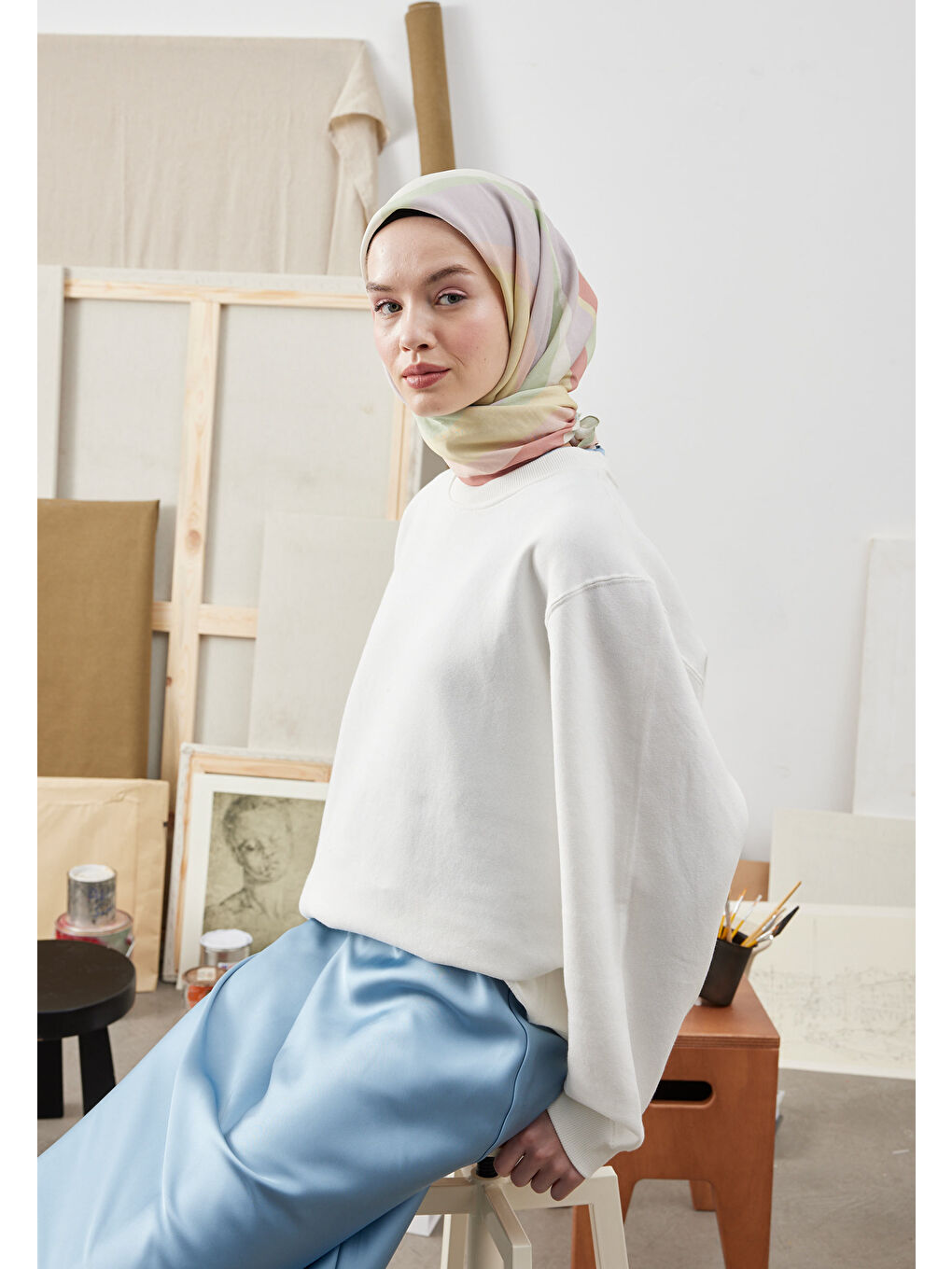 Color Mıx Desen Pamuk İpek Eşarp Soft Pembe