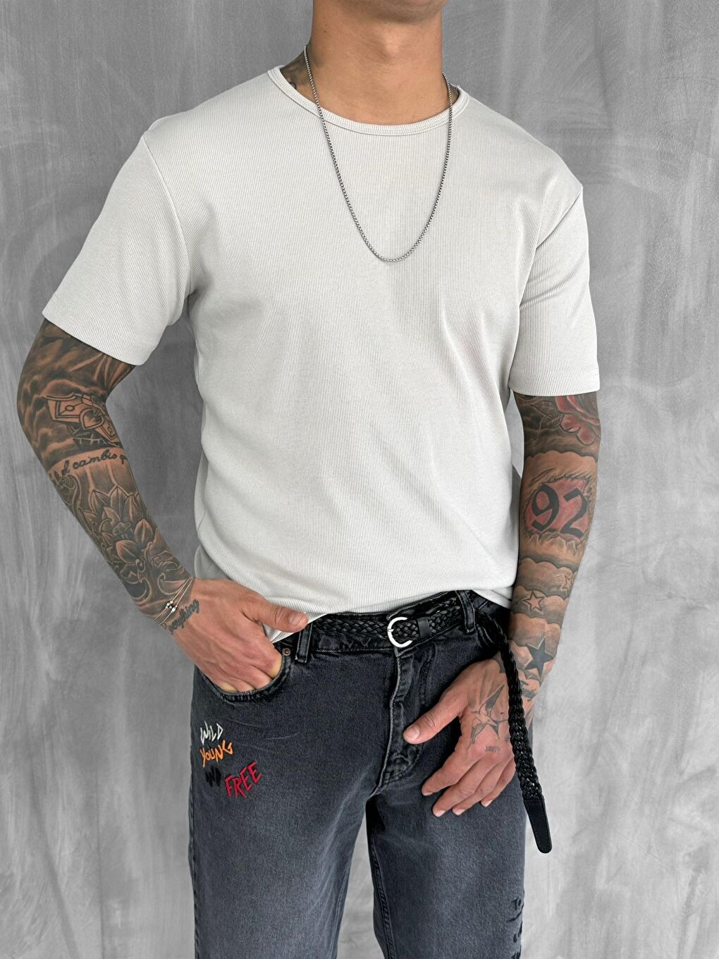 Gri Erkek Slim Fit Fitilli Basic Esnek T-Shirt Taş Rengi-1