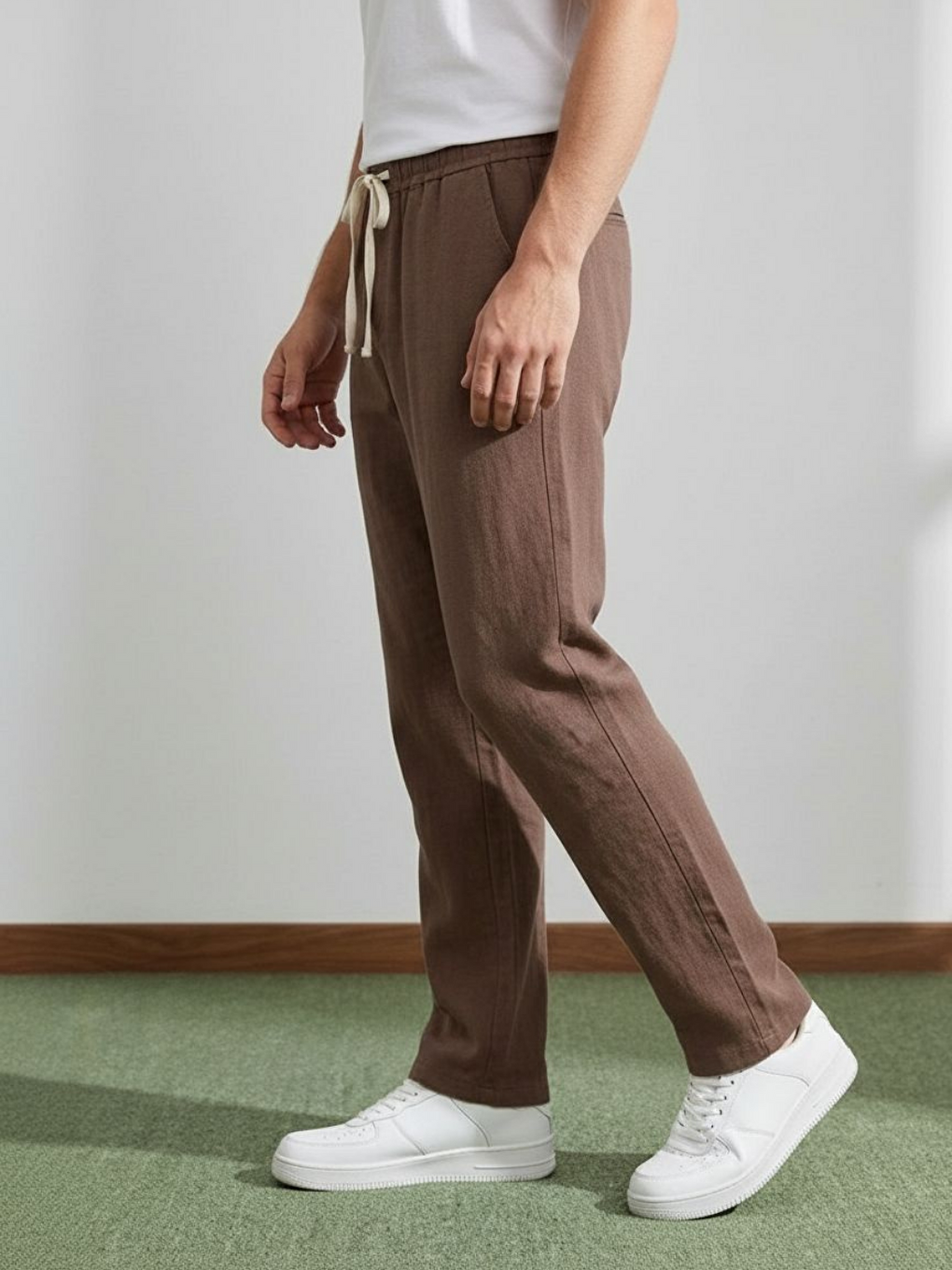 Erkek Baggy Kalıp Beli Lastikli %100 Pamuk Keten Görünümlü Pantolon Kahverengi 1007dngr-3
