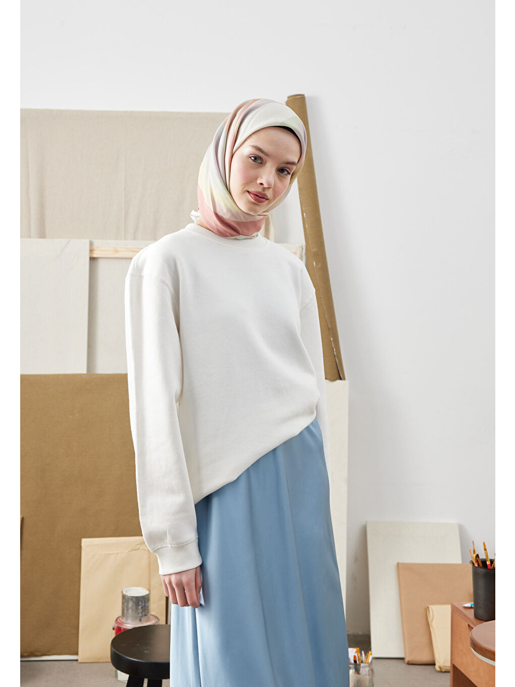 Color Mıx Desen Pamuk İpek Eşarp Soft Pembe-1