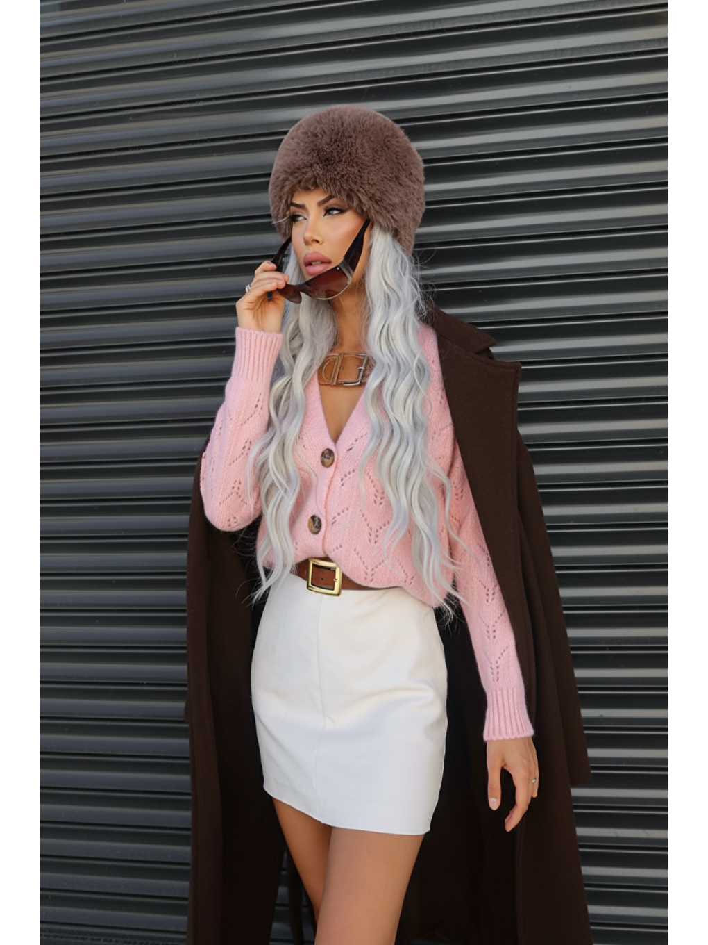 Pembe Yakası Kemer Detaylı Düğmeli Triko Hırka E-140-1