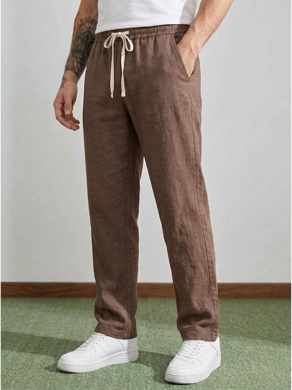 Erkek Baggy Kalıp Beli Lastikli %100 Pamuk Keten Görünümlü Pantolon Kahverengi 1007dngr-4