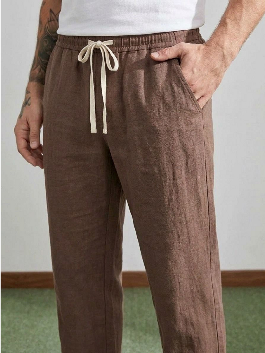 Erkek Baggy Kalıp Beli Lastikli %100 Pamuk Keten Görünümlü Pantolon Kahverengi 1007dngr-5