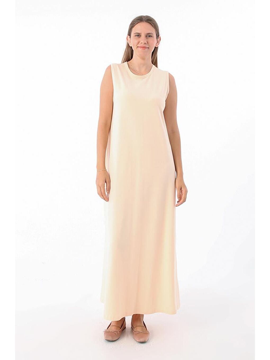 Bej Ten-Pamuklu Bisiklet Yaka Kolsuz İçlik Elbise-1