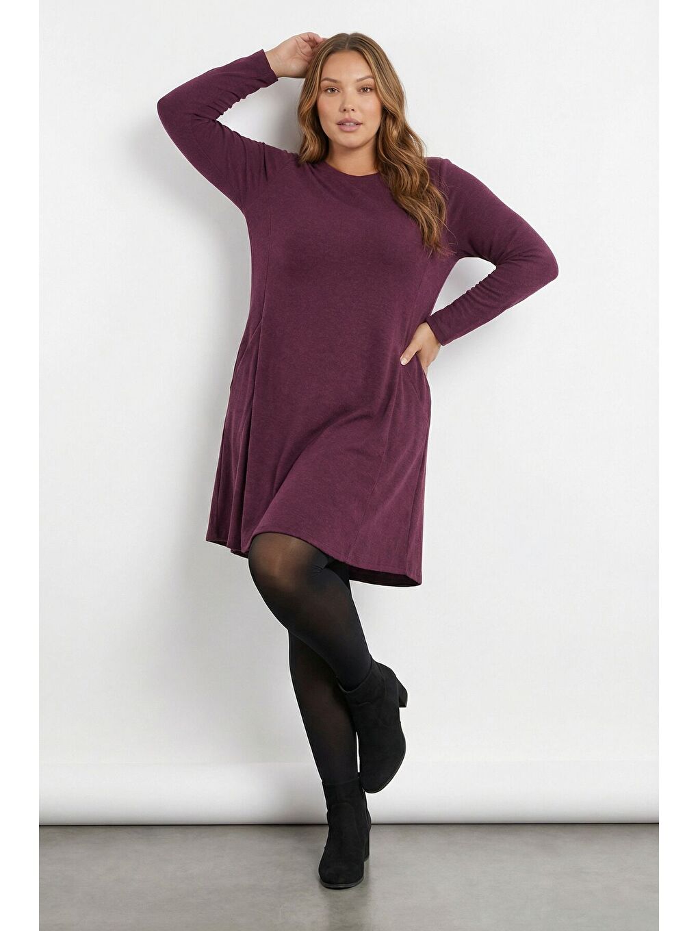 Büyük Beden Mor Soft Touch Cepli Tunik Elbise 285078