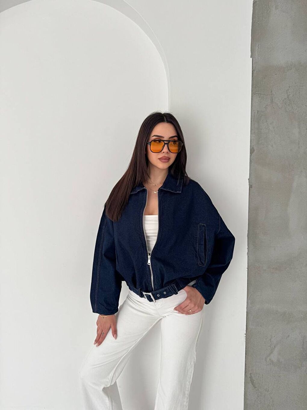 Kemer Detaylı Oversize Denim Ceket – Lacivert