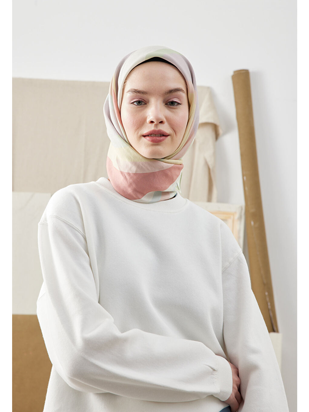 Color Mıx Desen Pamuk İpek Eşarp Soft Pembe-3