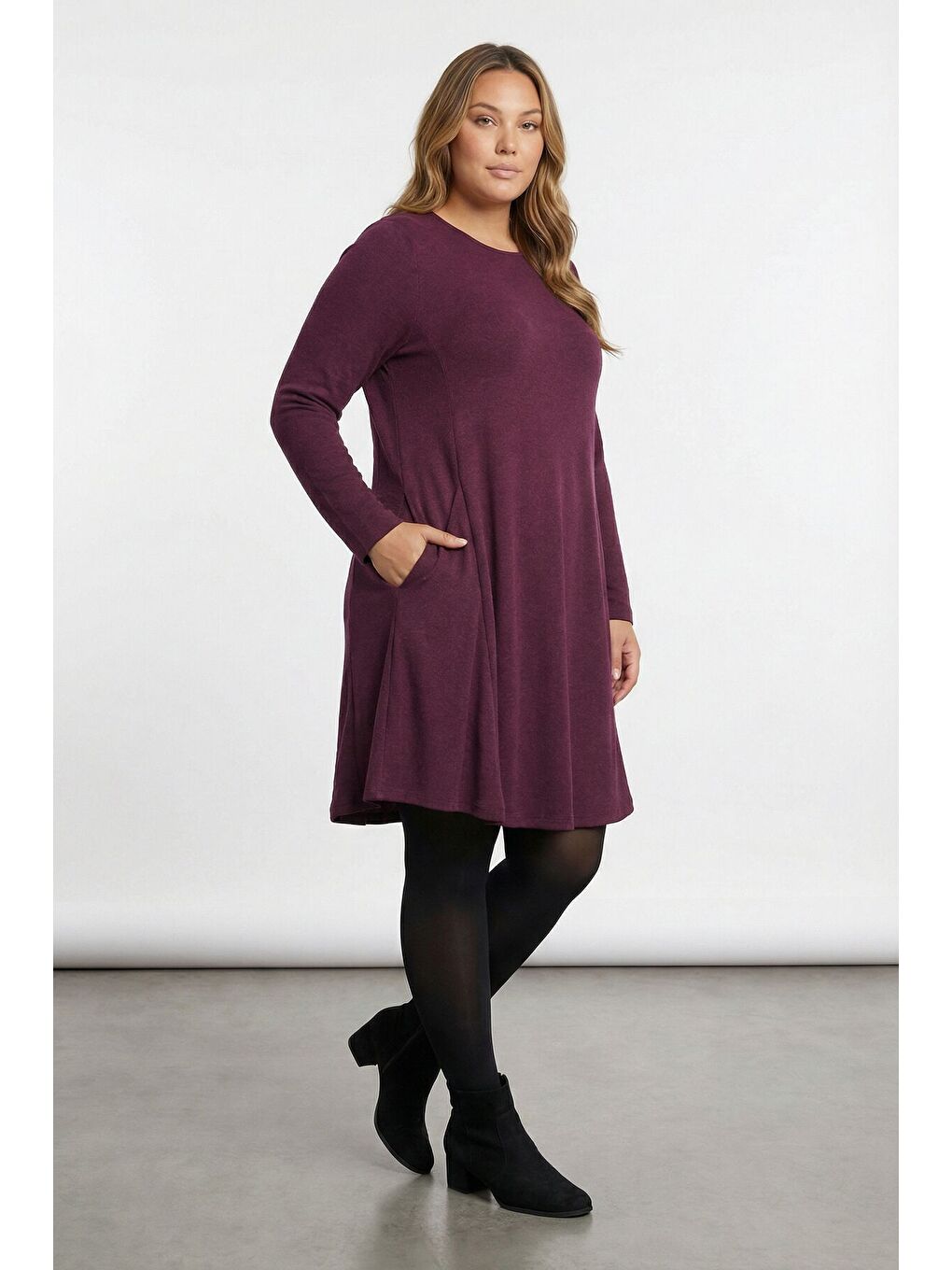 Büyük Beden Mor Soft Touch Cepli Tunik Elbise 285078-1