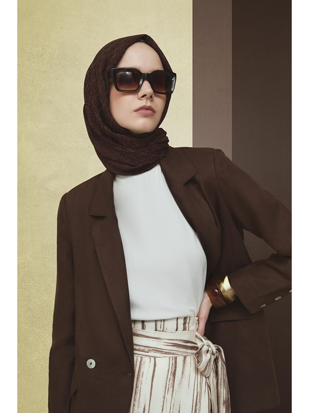 Kahverengi Kruvaze Keten Ceket 25Y5917 Kakao