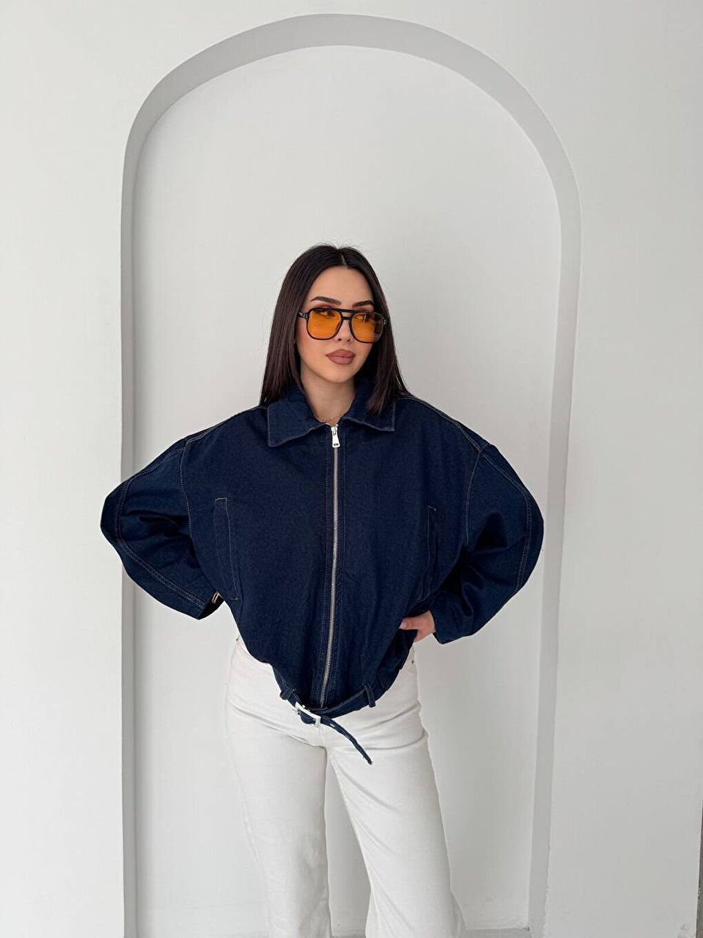 Kemer Detaylı Oversize Denim Ceket – Lacivert-1