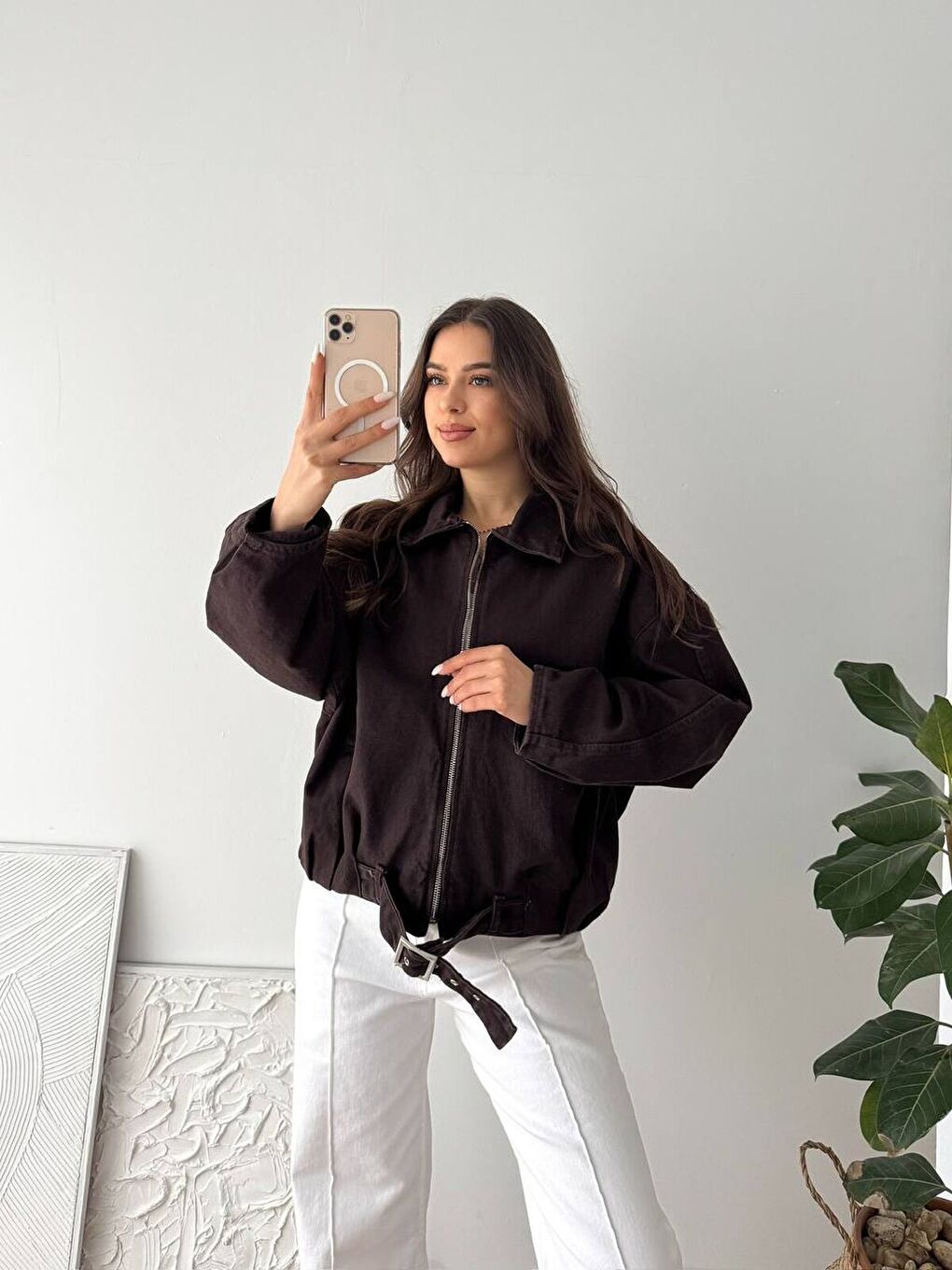 Kemer Detaylı Oversize Denim Ceket – Kahverengi