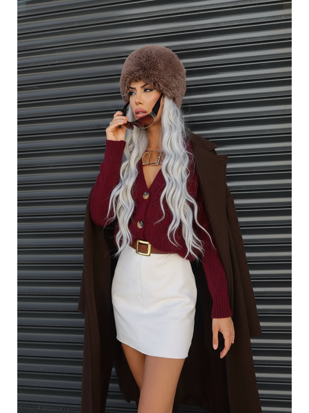 Bordo Yakası Kemer Detaylı Düğmeli Triko Hırka E-140-1