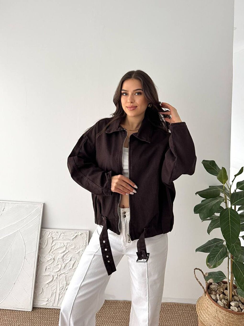 Kemer Detaylı Oversize Denim Ceket – Kahverengi-1