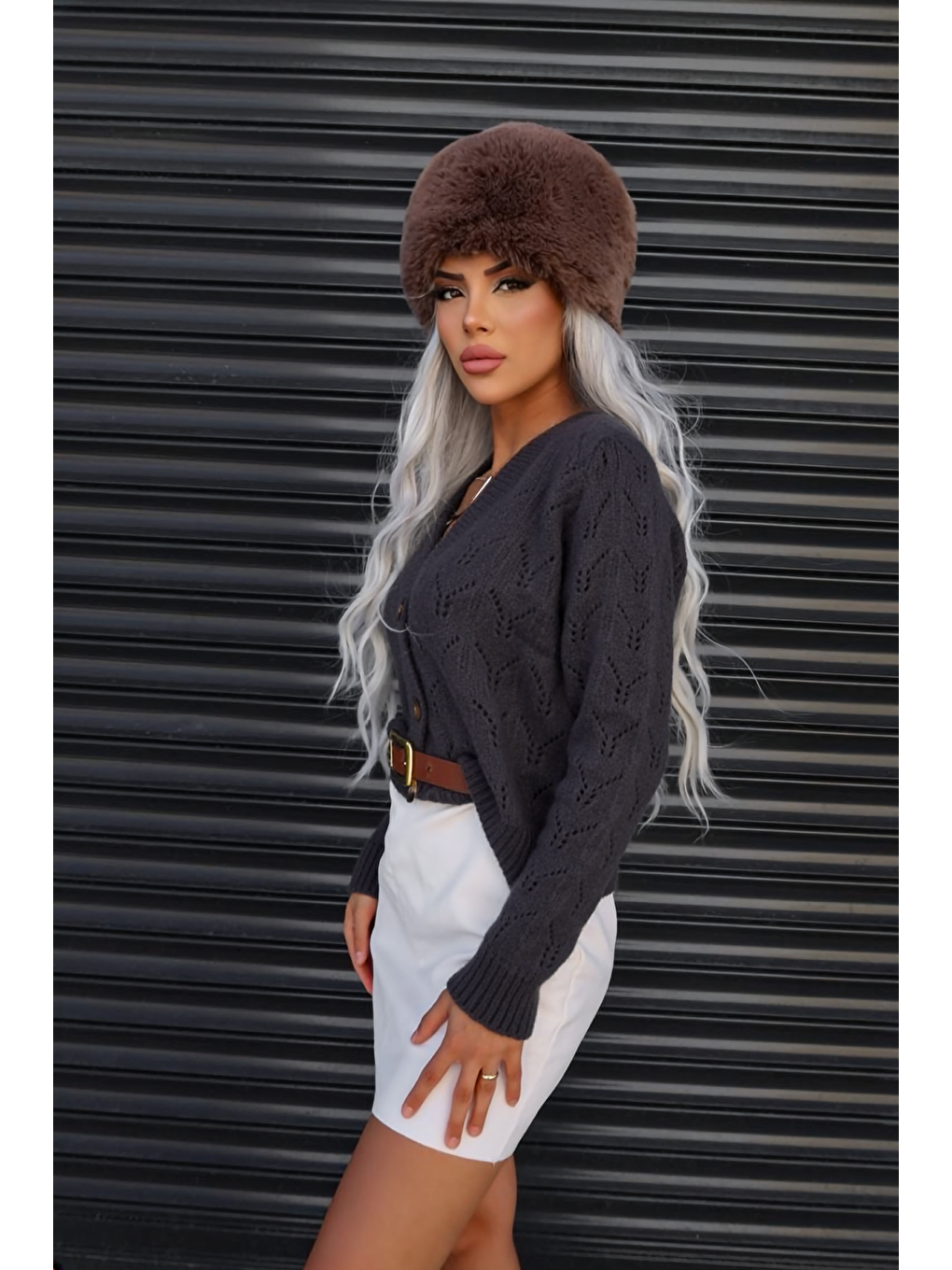 Antrasit Yakası Kemer Detaylı Düğmeli Triko Hırka E-140-2