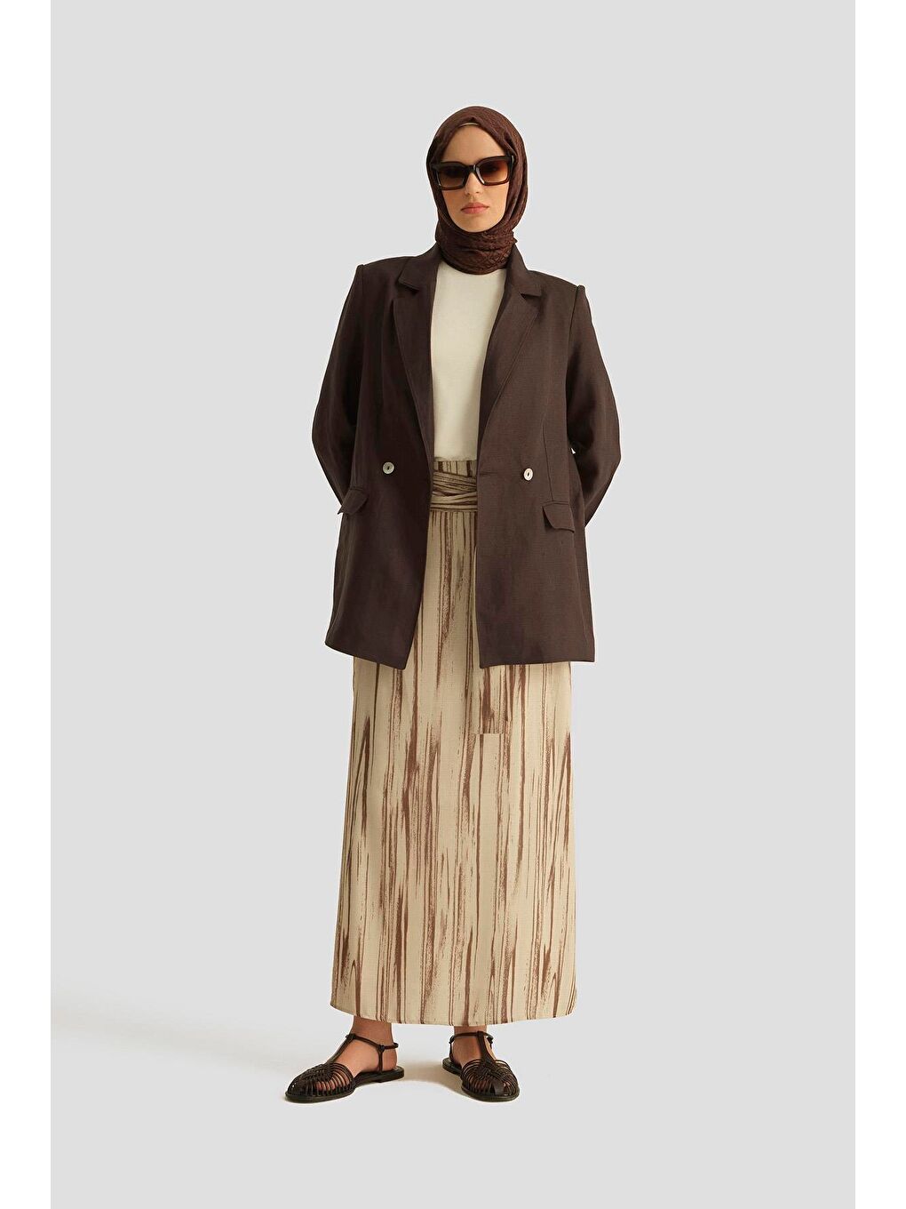 Kahverengi Kruvaze Keten Ceket 25Y5917 Kakao-2