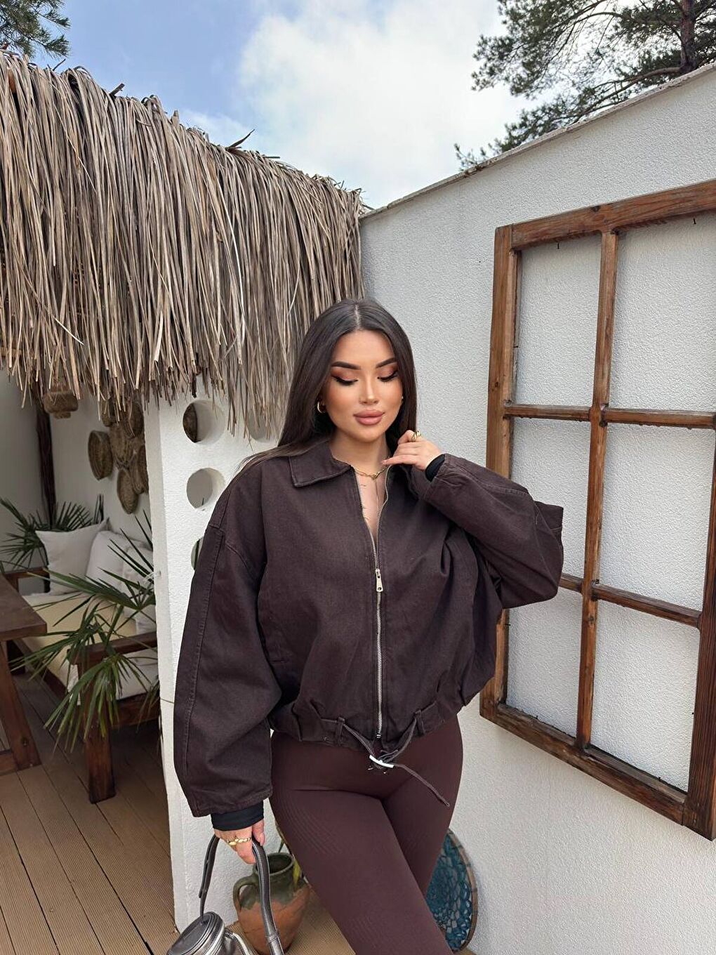 Kemer Detaylı Oversize Denim Ceket – Kahverengi-2
