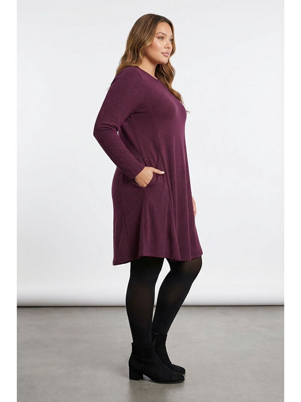 Büyük Beden Mor Soft Touch Cepli Tunik Elbise 285078-4