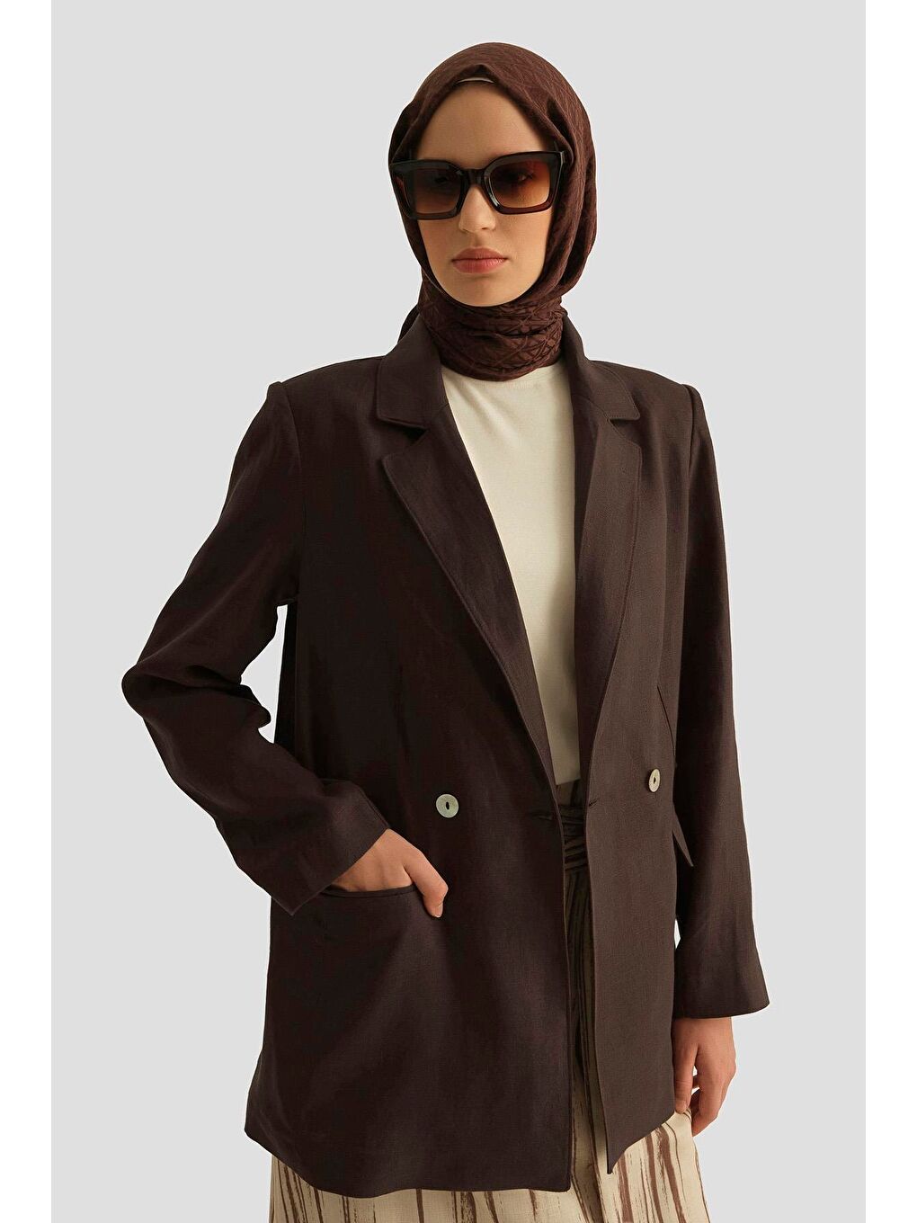 Kahverengi Kruvaze Keten Ceket 25Y5917 Kakao-3