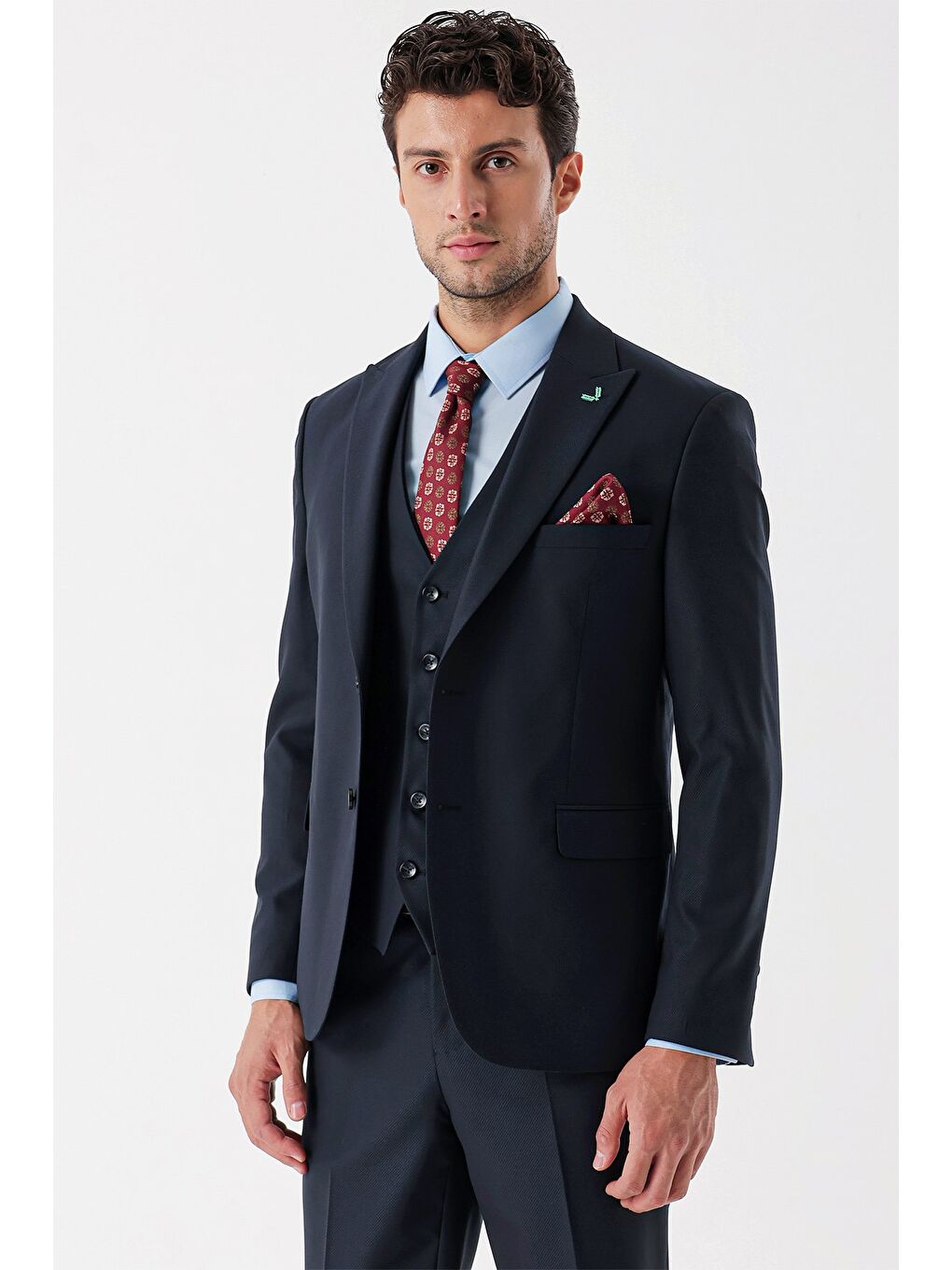 Koyu Lacivert Armürlü Kırlangıç Yaka Yelekli Elastanlı 6 Drop Slim Fit Takım Elbise 1001235156