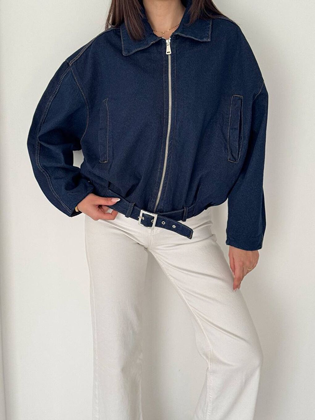 Kemer Detaylı Oversize Denim Ceket – Lacivert-2