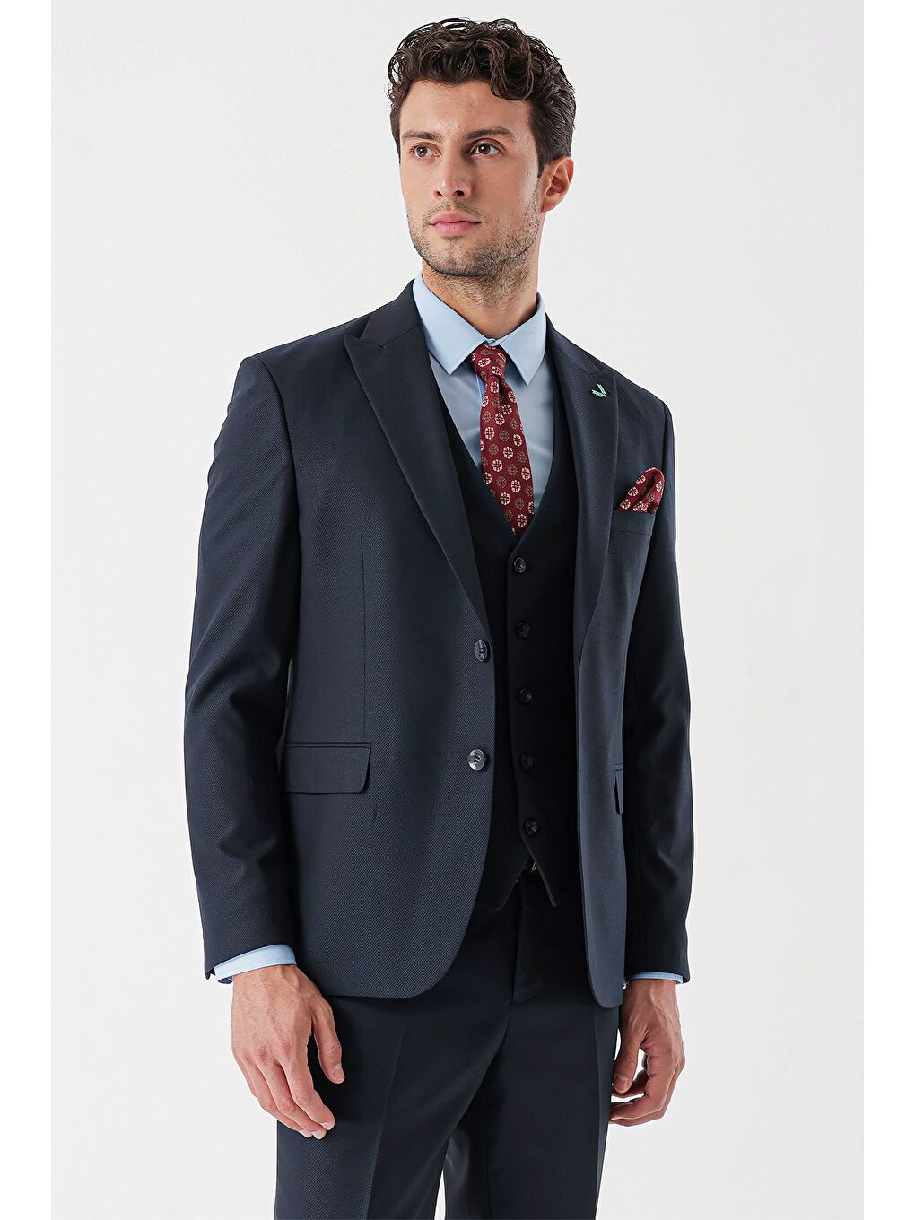 Koyu Lacivert Armürlü Kırlangıç Yaka Yelekli Elastanlı 6 Drop Slim Fit Takım Elbise 1001235156-1