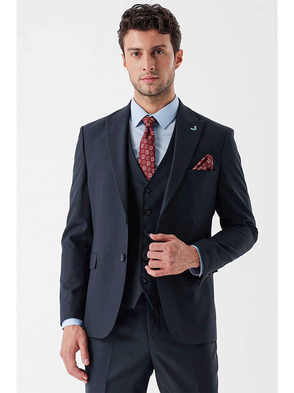 Koyu Lacivert Armürlü Kırlangıç Yaka Yelekli Elastanlı 6 Drop Slim Fit Takım Elbise 1001235156-2