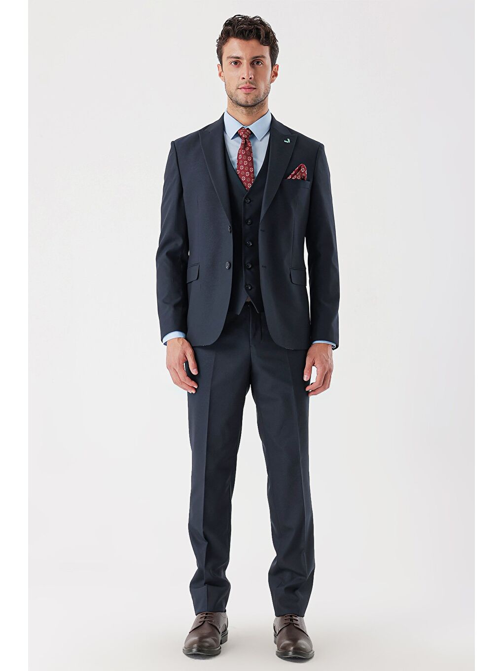 Koyu Lacivert Armürlü Kırlangıç Yaka Yelekli Elastanlı 6 Drop Slim Fit Takım Elbise 1001235156-3