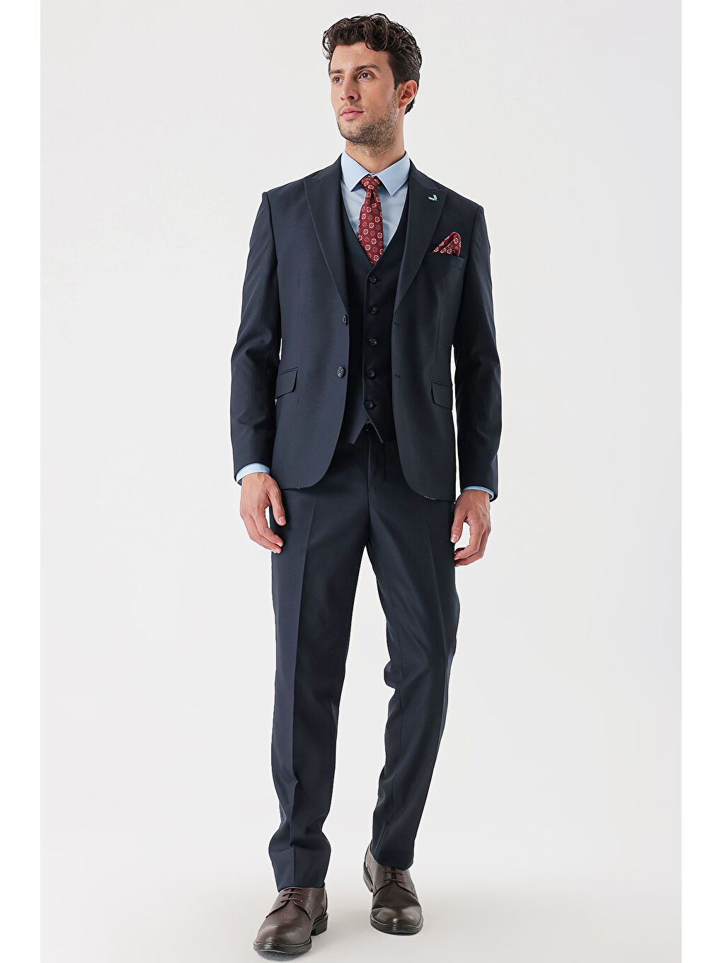 Koyu Lacivert Armürlü Kırlangıç Yaka Yelekli Elastanlı 6 Drop Slim Fit Takım Elbise 1001235156-4