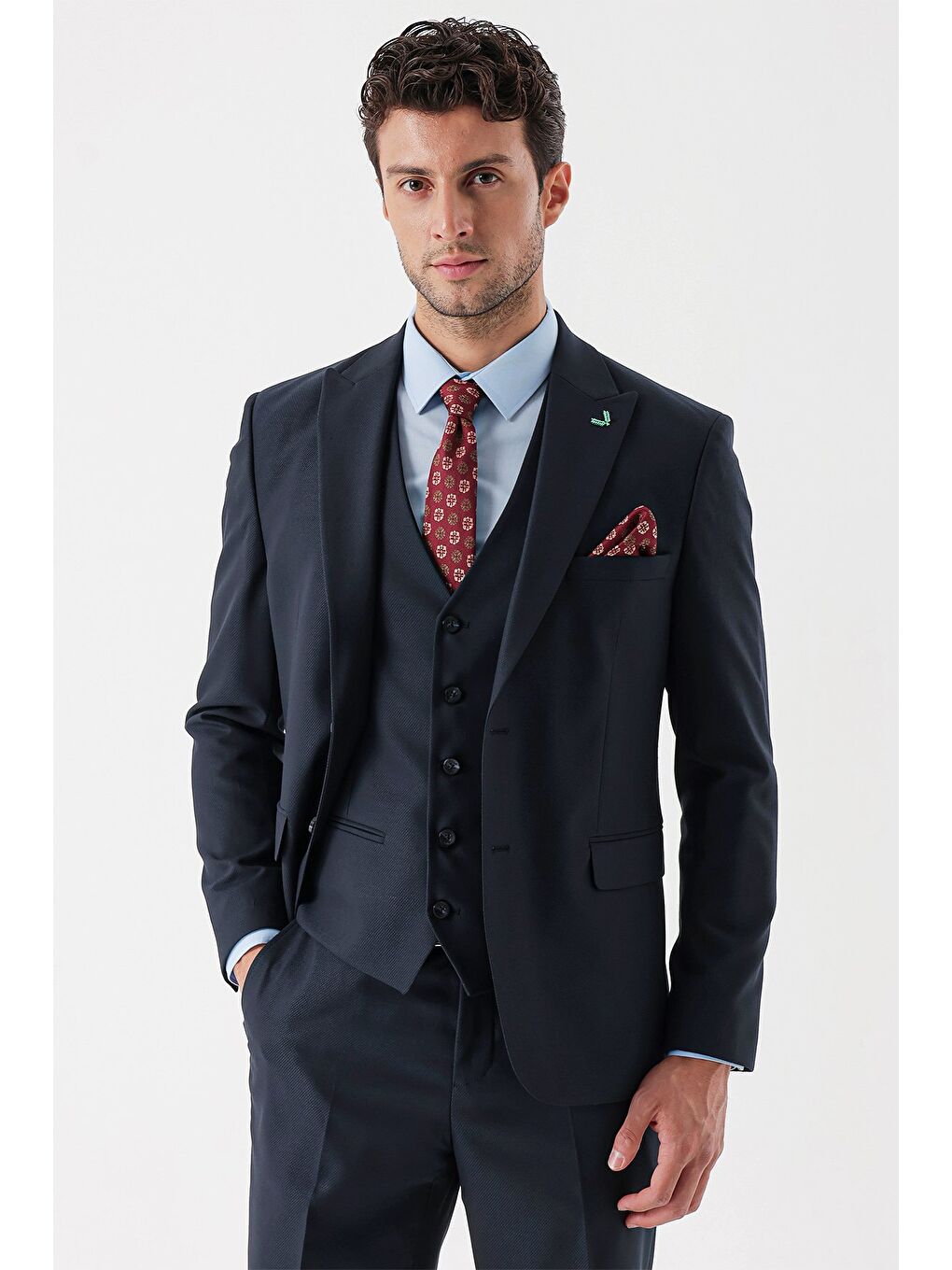 Koyu Lacivert Armürlü Kırlangıç Yaka Yelekli Elastanlı 6 Drop Slim Fit Takım Elbise 1001235156-5