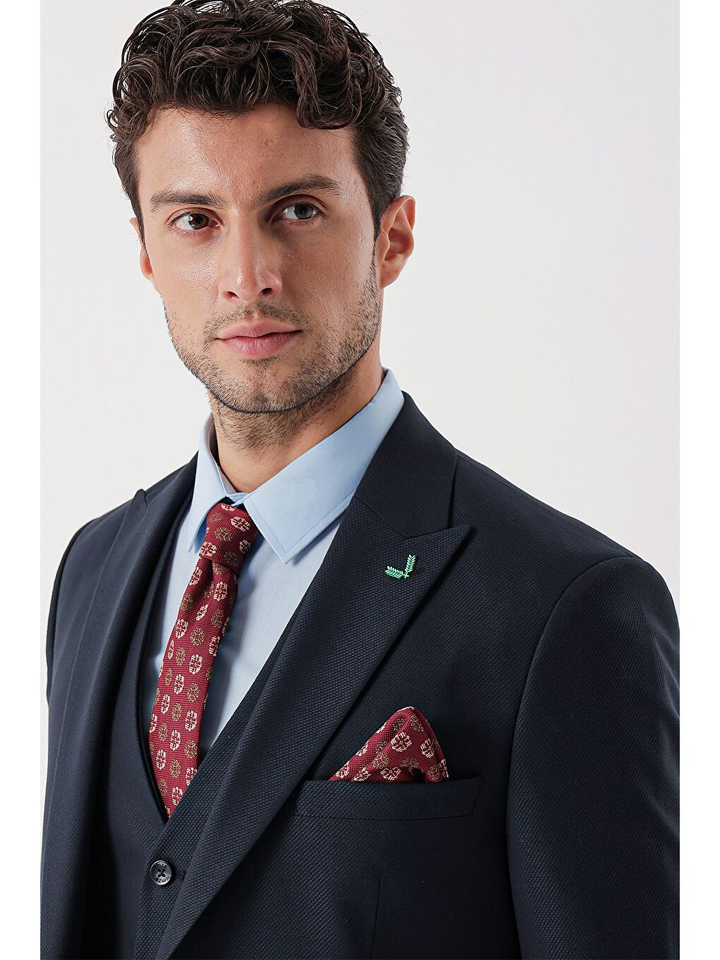 Koyu Lacivert Armürlü Kırlangıç Yaka Yelekli Elastanlı 6 Drop Slim Fit Takım Elbise 1001235156-6