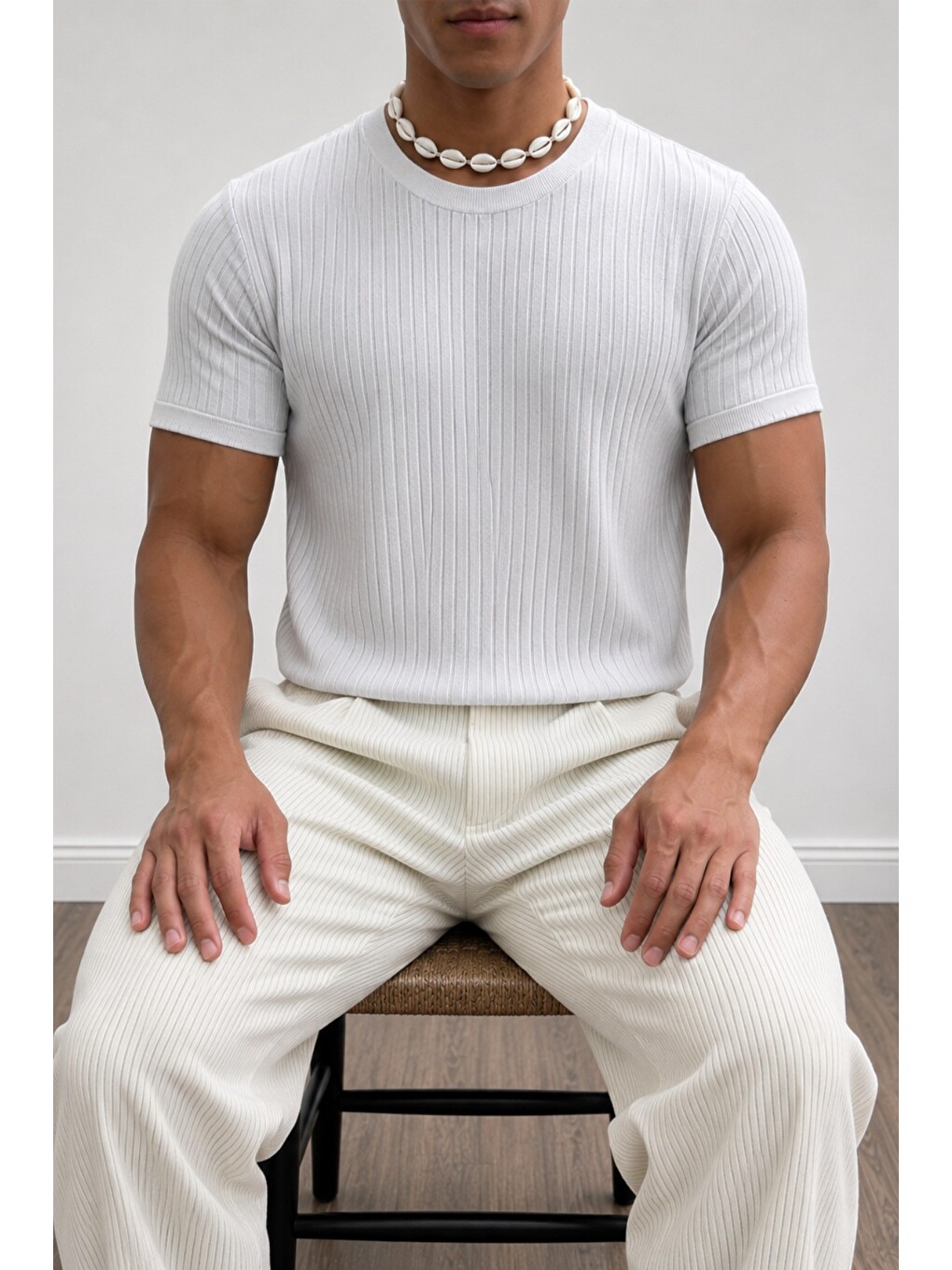 Beyaz Erkek Slim Fit Fitilli Triko Tişört Bisiklet Yaka Premium Pamuk Basic Yazlık T-Shirt-1