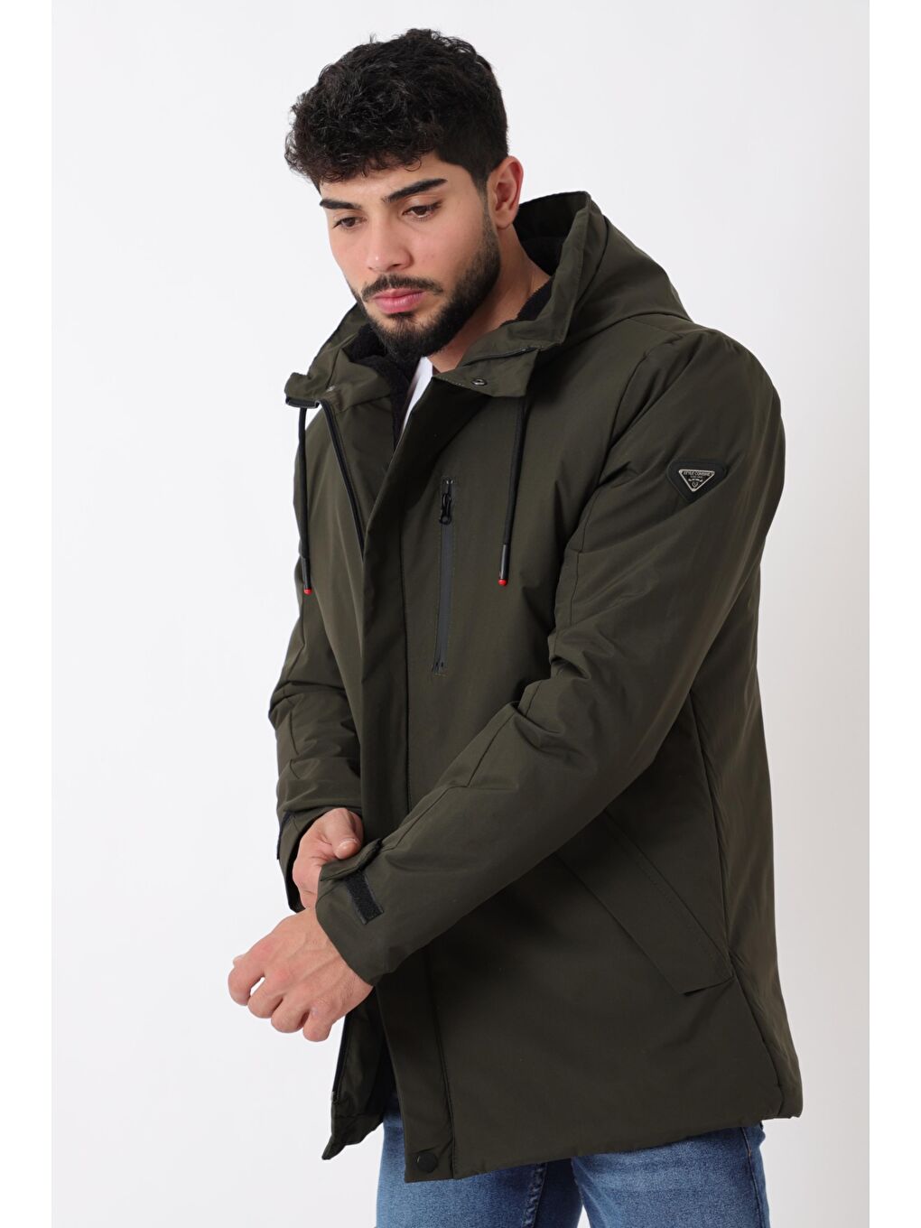 Haki Sporlikra Kumaş Tasarım Cep Kışlık Kapüşonlu Mont PLDP 3013_50458