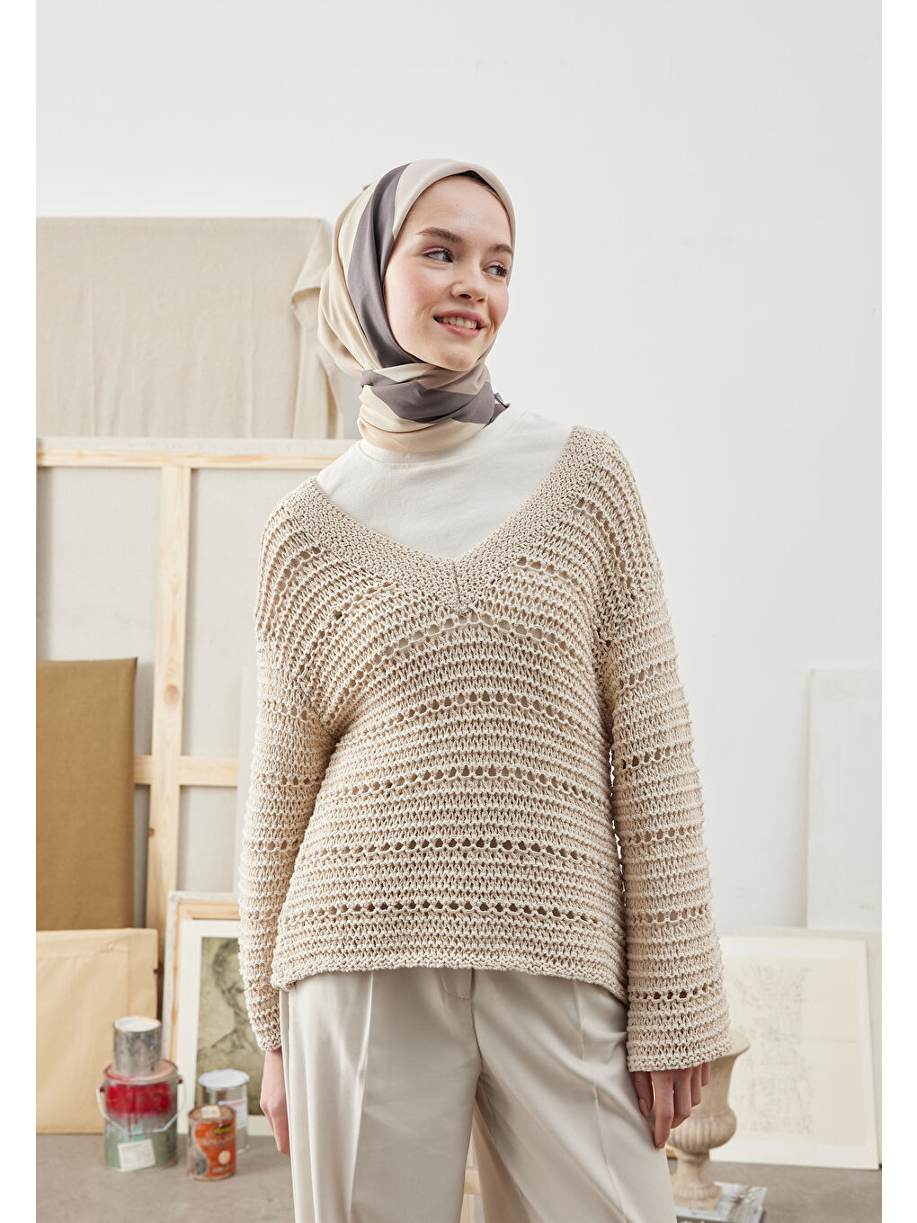 Multı Colors Desen Pamuk İpek Eşarp Bej-1