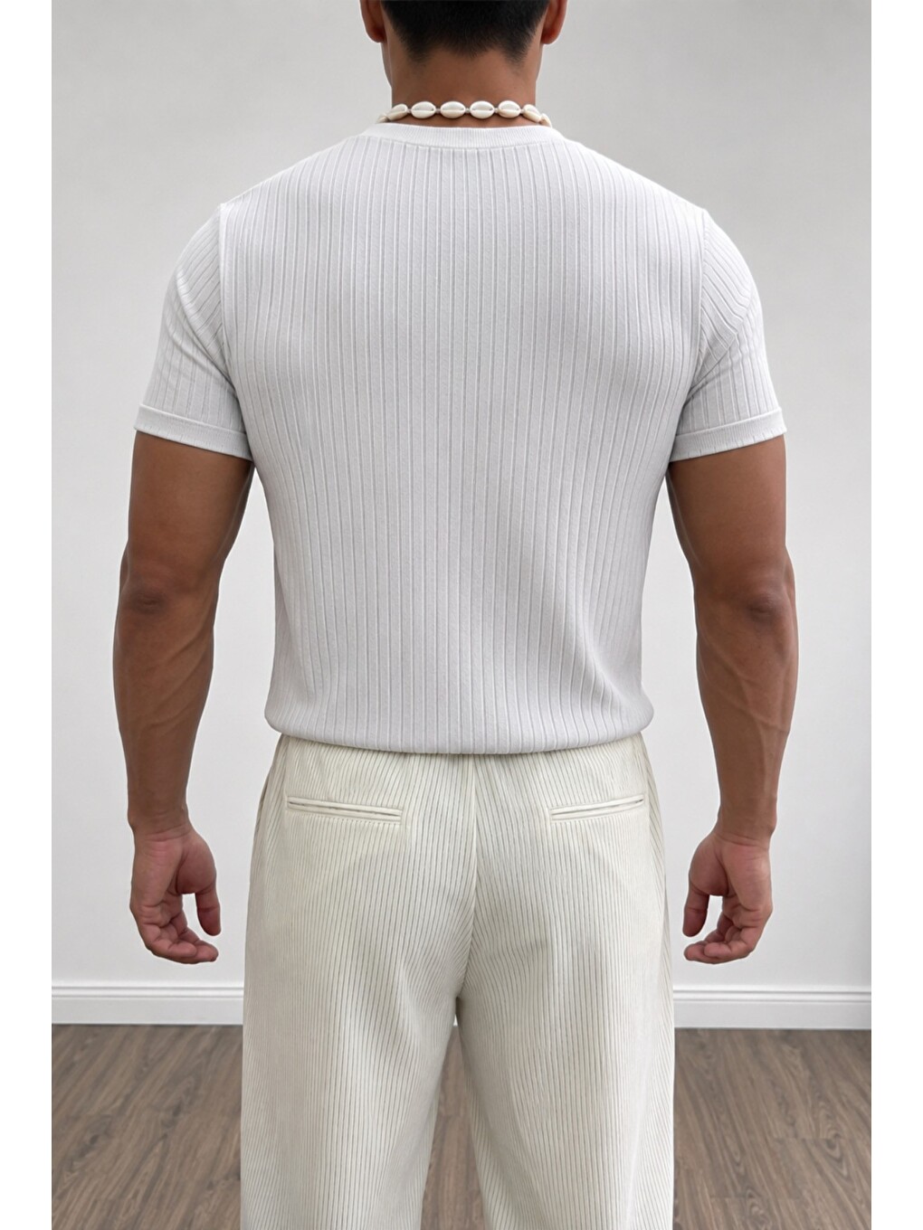 Beyaz Erkek Slim Fit Fitilli Triko Tişört Bisiklet Yaka Premium Pamuk Basic Yazlık T-Shirt-2