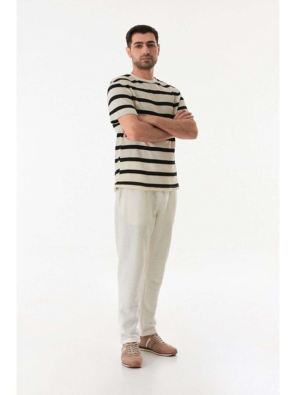 Ekru Çizgili Ajurlu Bisiklet Yaka Triko Tişört-3