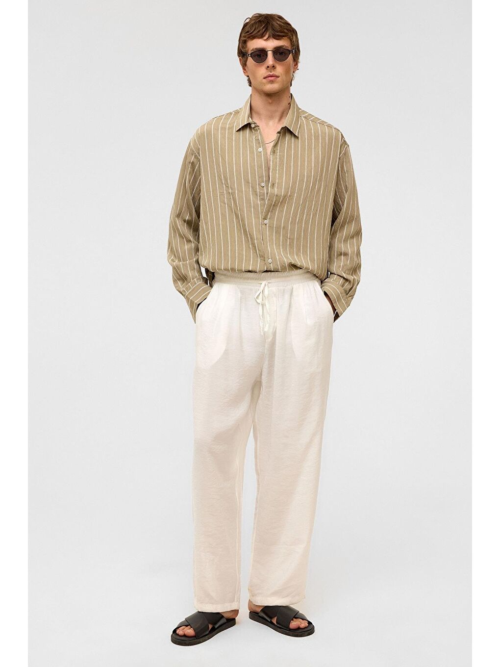 Oversize Çizgili Uzun Kol Gömlek Haki