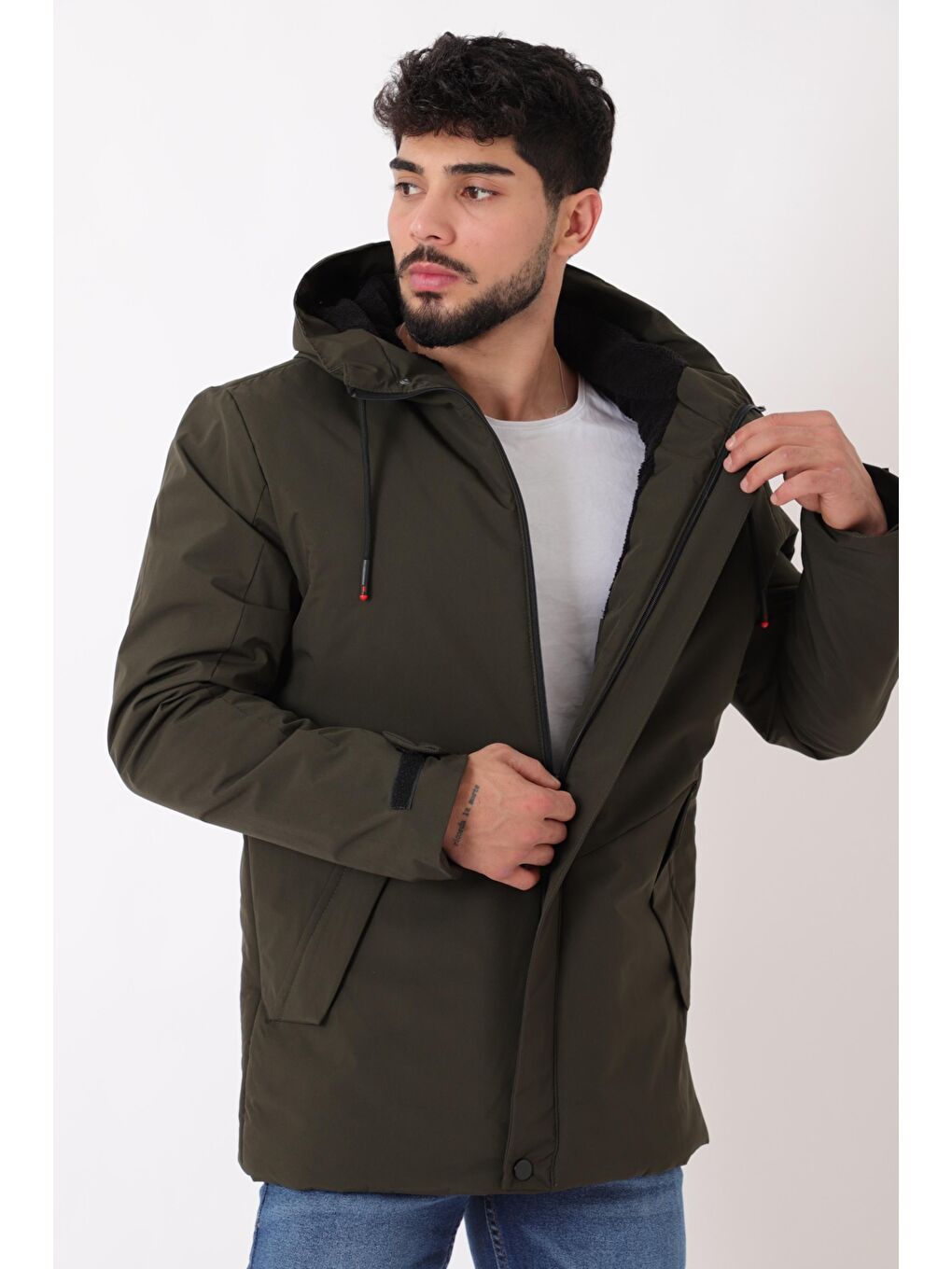 Haki Sporlikra Kumaş Tasarım Cep Kışlık Kapüşonlu Mont PLDP 3013_50458-1