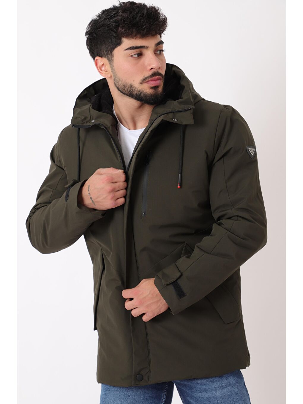 Haki Sporlikra Kumaş Tasarım Cep Kışlık Kapüşonlu Mont PLDP 3013_50458-2