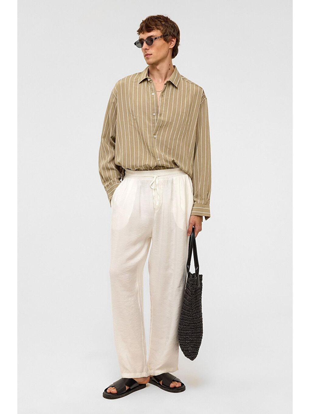 Oversize Çizgili Uzun Kol Gömlek Haki-1