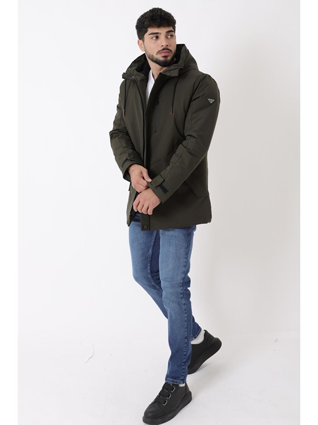 Haki Sporlikra Kumaş Tasarım Cep Kışlık Kapüşonlu Mont PLDP 3013_50458-3