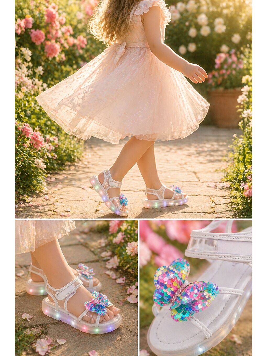 Beyaz PİCKLES Pullu Kelebek Detaylı Cırtlı Şeffaf Kız Çocuk Sandalet-2