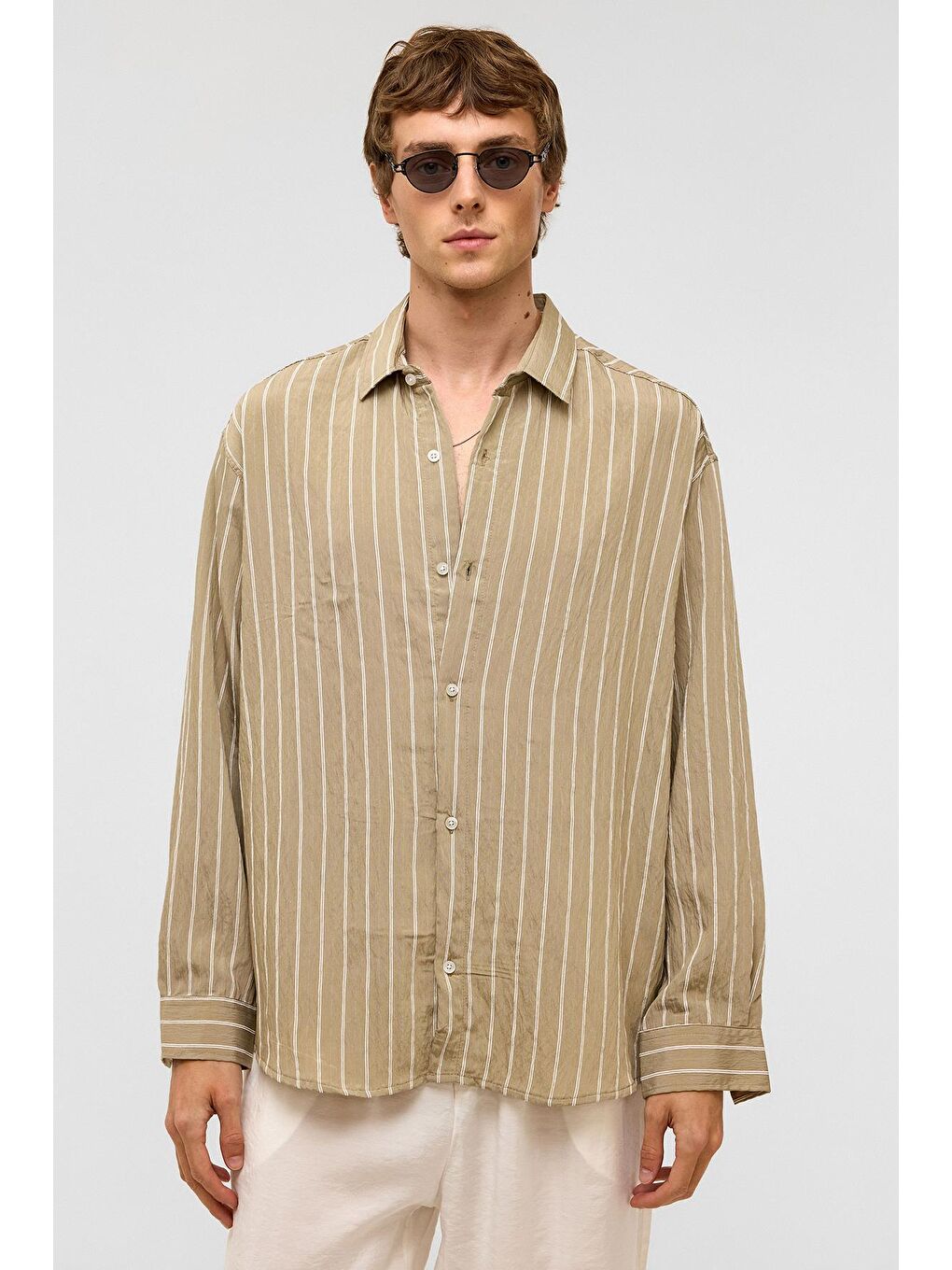 Oversize Çizgili Uzun Kol Gömlek Haki-2