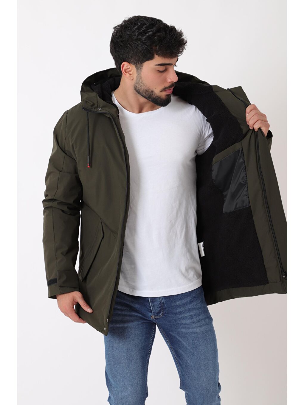 Haki Sporlikra Kumaş Tasarım Cep Kışlık Kapüşonlu Mont PLDP 3013_50458-4