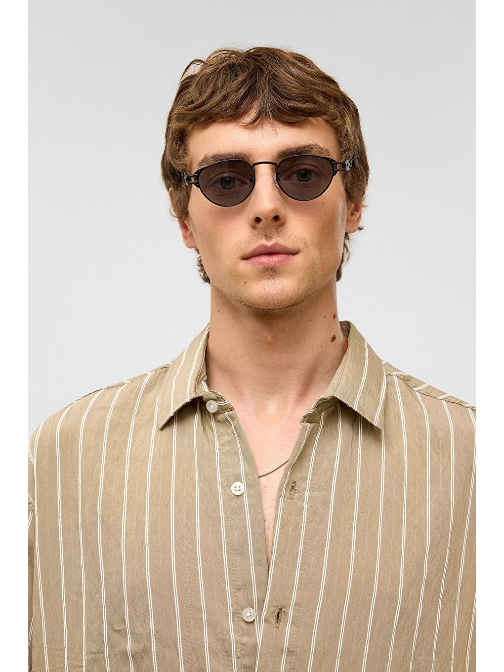 Oversize Çizgili Uzun Kol Gömlek Haki-3