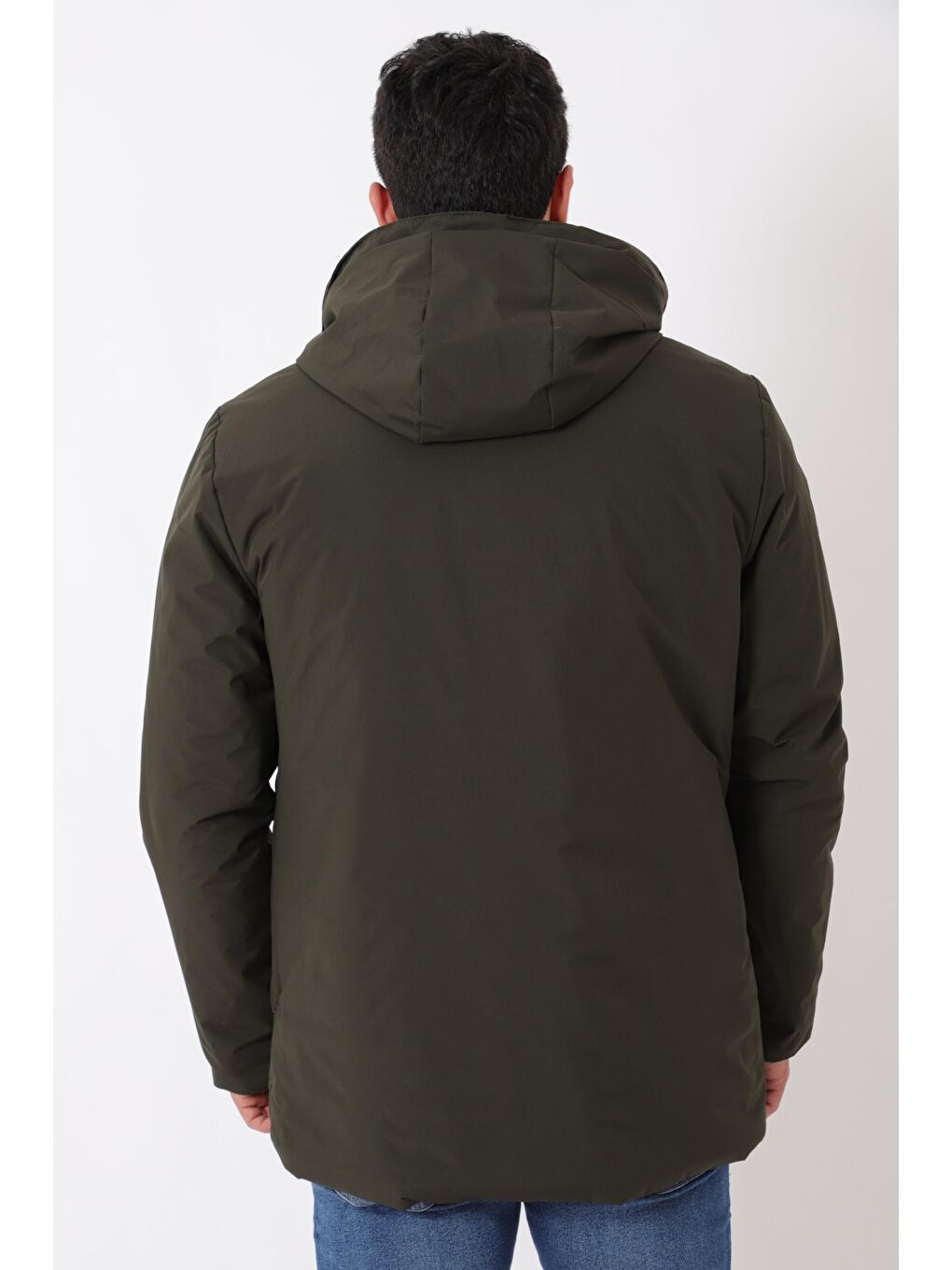 Haki Sporlikra Kumaş Tasarım Cep Kışlık Kapüşonlu Mont PLDP 3013_50458-5