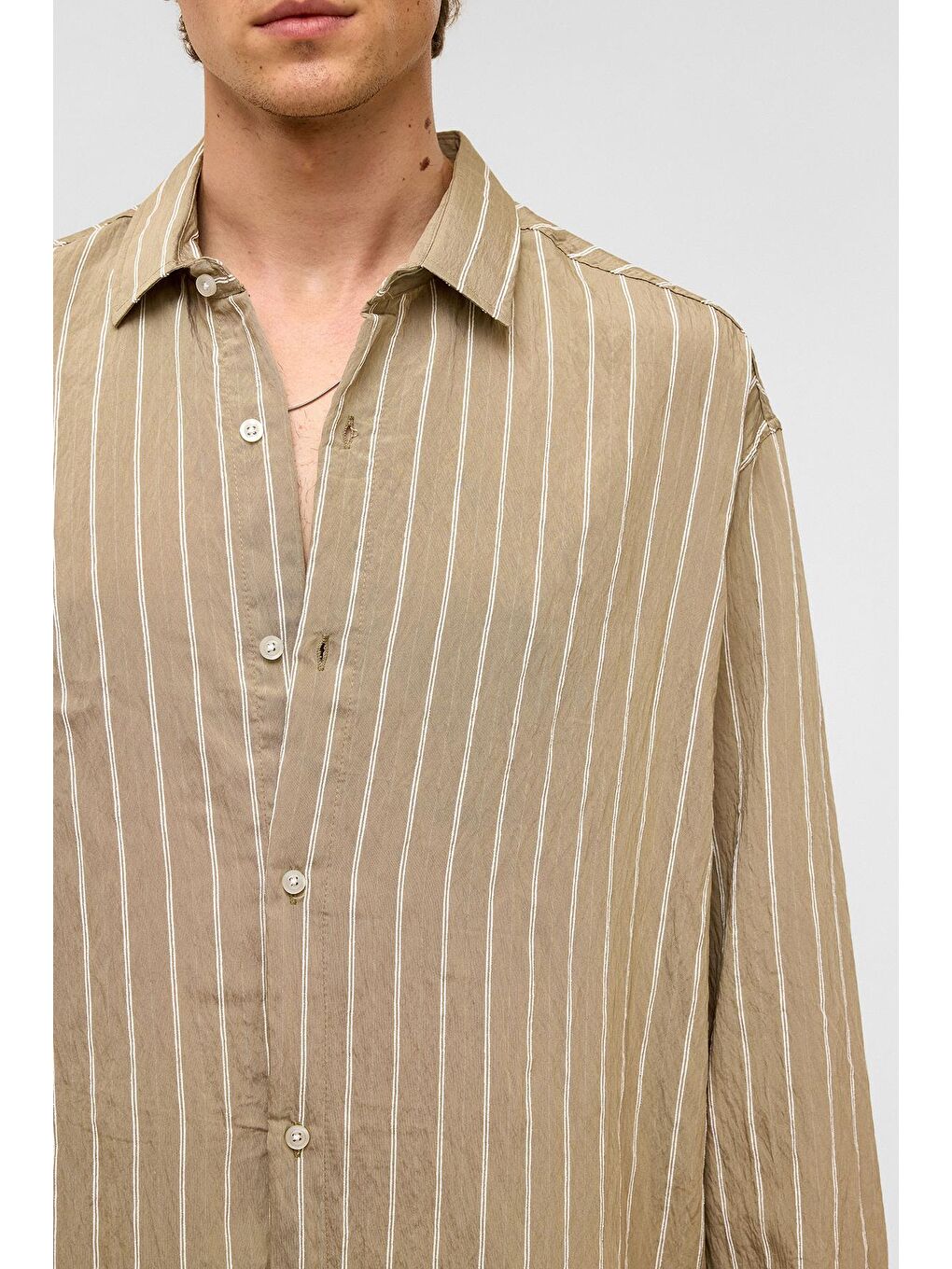 Oversize Çizgili Uzun Kol Gömlek Haki-4