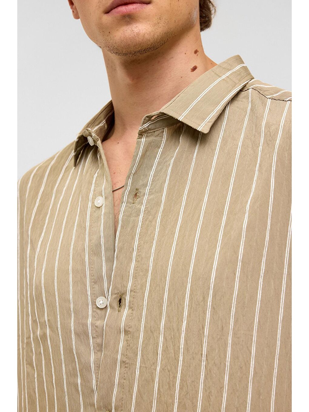 Oversize Çizgili Uzun Kol Gömlek Haki-5