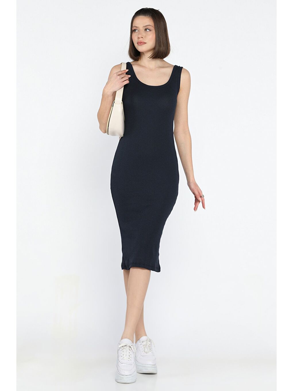 Lacivert Kaşkorse Kare Yaka Askılı Elbise