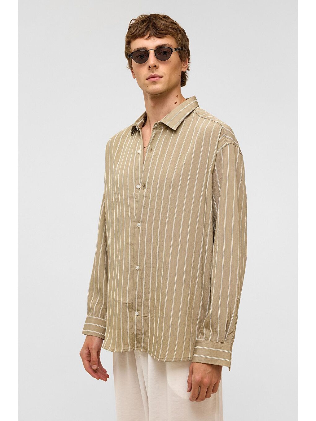 Oversize Çizgili Uzun Kol Gömlek Haki-6